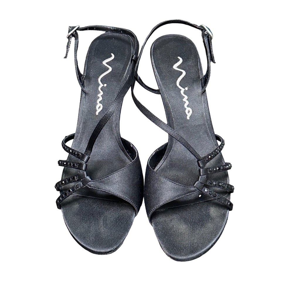 Nina Gina LS Luster Black Satin with Rhinestone Trim Sandal heels size 9.5M